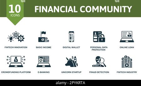 Überblick über die Finanzgemeinschaft. Kreative Symbole: fintech Innovation, Grundeinkommen, digitale Brieftasche, Schutz personenbezogener Daten, Online-Darlehen, Crowdfunding Stock Vektor