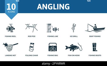 Abgewinkelte Kontur festgelegt. Kreative Ikonen: Angelrolle, Angelrute, Angelschnur, Eisbohrer, Bootsangeln, Landenetz, Klappstuhl, Angeltasche, Fisch drauf Stock Vektor