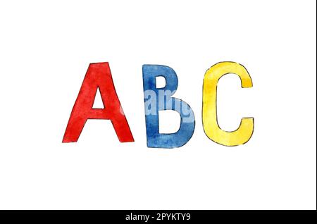 Aquarelle Abbildung mehrfarbige Buchstaben ABC-Alphabet, Schriftart, Buchstaben auf weißem Hintergrund. Zurück in die Schule. Für Poster, Druck, Postca Stockfoto