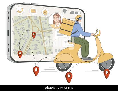 Schneller Lieferservice. Ein flacher Kurier mit Rucksack auf dem Roller liefert Essen, Pakete oder Post. Mann auf Motorrad und Smartphone für Online-Versand mit Navigatornadel oder gps-Markierung auf der Stadtkarte. Stock Vektor