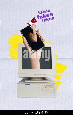Vertikales Collagenbild des Arms im PC-Monitor mit Smartphone-Display-Lautsprecher zur Kommunikation von auf Papierhintergrund isolierten Fälschungen Stockfoto