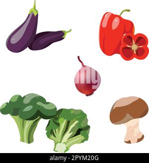 Gemüsevektordarstellungen von Brokkoli, Tomaten, Pilzen, roten Paprika und Auberginen Stock Vektor