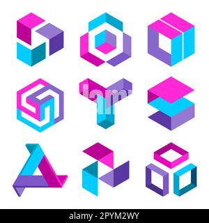 Farbige geometrische Elemente. Gruppe von kubischen 3D-Grafikformen. Isometrische Logo-Designvorlage. Blaue, pinkfarbene und violette Objekte. Vektor Stock Vektor