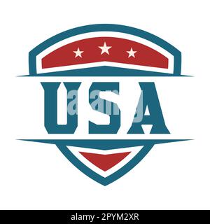 Leistungsstarkes Logo mit US-Schild. Amerikanisches patriotisches Emblem. US-Flaggensymbol der Sportmannschaft. Grafikelemente in den Farben Blau, Rot und Weiß. Drei Sterne. Vektor Stock Vektor
