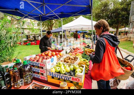 Mercado ecologico al Aire Libre, Plaza de Patins-plaza Bisbe Berenguer de Palou -. Palma. Mallorca Islas Baleares. Spanien. Stockfoto