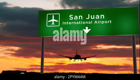 Flugzeugsilhouette Landung in San Juan, Puerto Rico. Ankunft in der Stadt mit Hinweisschild zum Flughafen und Sonnenuntergang im Hintergrund. Reise und Transport Stockfoto