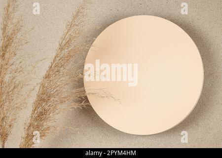 Runde beige Plattform Podium Stand und trocken gebogene Pflanze auf weißem Sand Hintergrund. Minimale kreative Komposition Hintergrund für Kosmetika oder Produkte Stockfoto