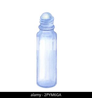 Glas-Roller-Ball-Flasche für kosmetisches ätherisches Öl. Handzeichnen von Aquarellfarben isoliert auf weißem Hintergrund. Produktverpackung für Schönheitspflegeprodukte Stockfoto