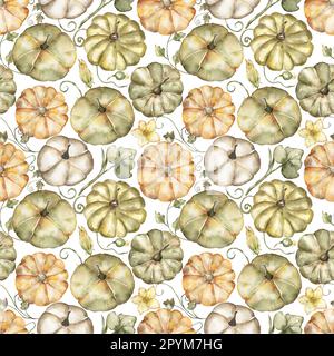 Wasserfarbener, handgezeichneter Kürbis mit nahtlosem Muster. Herbstblumen wiederholen Papier. Wunderschöner Textildruck Stockfoto