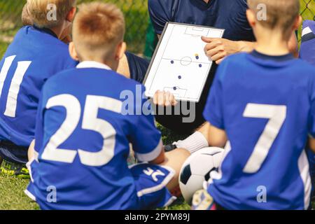 Coaching von Kindern im Jugendsport. Gruppe junger Jungen, die zusammen mit dem Coach im Kreis auf dem Fußballfeld sitzt. Der Coach erklärt S die Spielstrategie Stockfoto