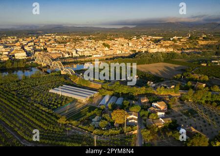 Luftaufnahme der Stadt Móra d'Ebre und des Flusses Ebro bei Sonnenaufgang im Sommer (Ribera d'Ebre, Tarragona, Katalonien, Spanien) Stockfoto