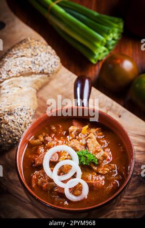 Herzhafte Gulaschsuppe – traditionelle ungarische Küche Stockfoto