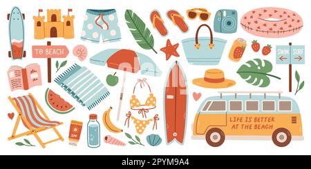 Niedliche Sommeraufkleber für Tagesplaner. Sammlung von Sammelalben für Strandpartys. Tropischer Urlaub. Stock Vektor