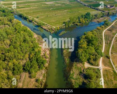 Luftaufnahme des Zusammenflusses zwischen den Flüssen Segre, Cinca und Ebro im Frühjahr (Segrià, Lleida, Katalonien, Spanien) Stockfoto