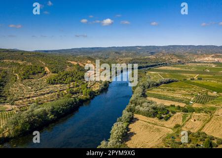 Luftaufnahme des Ebro-Tals von der Straße von Pas de l'ASE (Ribera d'Ebre, Tarragona, Katalonien, Spanien) Stockfoto