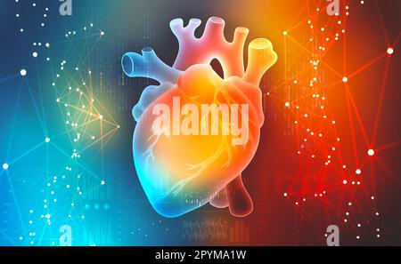 Menschliches Herz. Digitale Technologien in der Medizin. Innovationen im Gesundheitswesen. 3D-Abbildung auf farbenfrohem Hintergrund Stockfoto