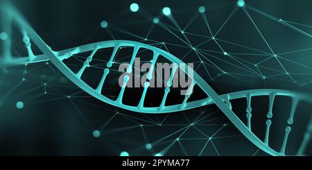 DNA-Helix. Hi-Tech-Technologie im Bereich Gentechnik. Arbeit an künstlicher Intelligenz. 3D Illustration auf futuristischem Hintergrund Stockfoto