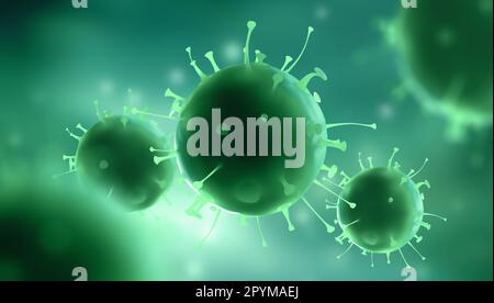 Viren, Infektion, Keime, Bakterien 3D Illustration. Mikroben im Körper. Ursachen von Rhinitis, Erkältungen und Grippe Menschen. Medizinische Forschungsimmunität unter Mikro Stockfoto