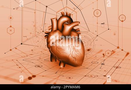 Digitales Modell des menschlichen Herzens. Moderne Technologien in Kardiologie, Forschung und Transplantation. Veranschaulichung Gesundheitskonzept 3D Stockfoto