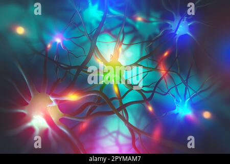 Gehirn. Elektrische Aktivität des menschlichen Gehirns. 3D Illustration der wissenschaftlichen Forschung an neuronalen Netzen Stockfoto
