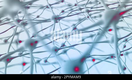 Datenverarbeitung. Gehirn unter dem Mikroskop 3D-Darstellung. Neurale Verbindungen, neurales Netzwerk, elektrische Impulse im Gehirn Stockfoto