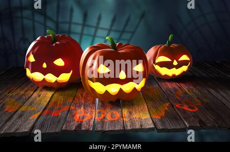 Halloween. Kürbis-Geist 3D Illustration. Jack Kürbiskopf, Jack-O-Lantern. Brennende Augen auf einem mysteriösen Nachthintergrund Stockfoto
