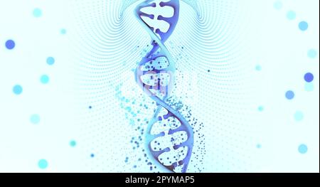 DNA-Helix. Hi-Tech-Technologie auf dem Gebiet der Gentechnik. 3D Darstellung eines DNA-Moleküls mit einem Nanotech-Netzwerk Stockfoto