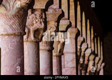 columnas y capiteles,claustro del siglo XII, monasterio benedictino de Sant Miquel de Cuixa , año 879, pirineos orientales,Francia, europa Stockfoto