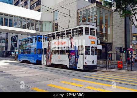 Doppeldeckerbahn, des Voeux Road, Central, Hong Kong Island, China Stockfoto