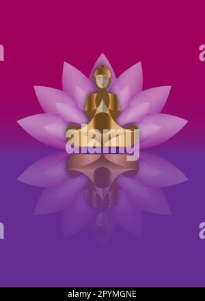 Fröhlicher Buddha Purnima Vesak, buddhistisches Festival, Goldener Buddha, der in der Meditation auf einer Lotusblume sitzt. Vektordarstellung auf violettem Banner isoliert Stock Vektor
