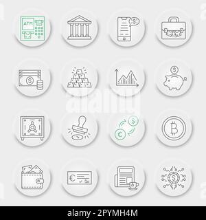 Symbolsatz für Abrechnungslinien, Sammlung von Geldsymbolen, Vektorskizzen, pneumorphe UI-UX-Schaltflächen, lineare Piktogramme für Bankschilder, isoliert auf weißem Hintergrund, eps 10. Stock Vektor