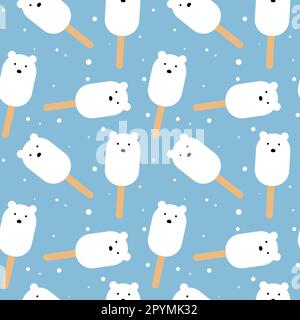 Muster für eisblaue Hintergrundvorlage. Eiscreme in Form eines Eisbären auf dem Stock. Vektordarstellung Stock Vektor