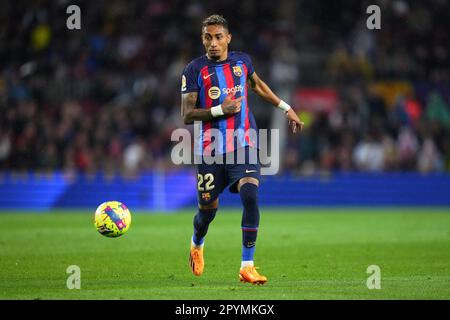 Raphael Dias Belloli Raphinha vom FC Barcelona während des Spiels La Liga zwischen dem FC Barcelona und Real Betis im Spotify Camp Nou Stadium am 29. April 2023 in Barcelona, Spanien. (Foto: Bagu Blanco / PRESSIN) Stockfoto