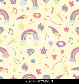 Nahtloser Hintergrund mit Herzen, Regenbögen, Sternen, Diamanten, Kronen. Kreativer Hintergrund für das Kinderzimmer. Perfekt für Design, Material und Verpackung für Kinder Stock Vektor