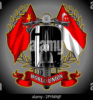 Biker, Motorrad, Vektor, Flagge, Motor, Design, Grafik, Emblem, Illustration, Symbol, Symbol, Geschwindigkeit, Auto, Vintage, Fahrer, Sport, Zeichen, Rennen, Schädel, Bla Stock Vektor