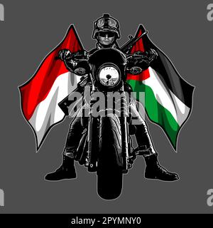Biker, Motorrad, Vektor, Flagge, Motor, Design, Grafik, Emblem, Illustration, Symbol, Symbol, Geschwindigkeit, Auto, Vintage, Fahrer, Sport, Zeichen, Rennen, Schädel, Bla Stock Vektor