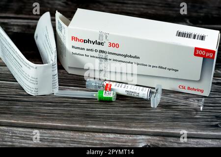 Kairo, Ägypten, Mai 2 2023: Humanes Anti-D (Rh)-Immunglobulin Rhophylac 300 μg Mikrogramm 1500 I.E. für intravenöse oder i.m. Stockfoto