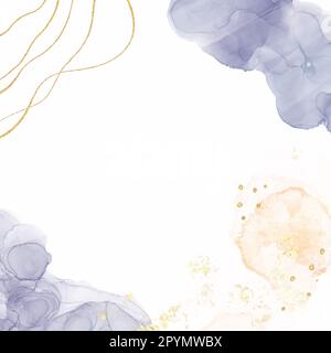 Zarte und stilvolle abstrakte Darstellung von Alkohol Tinte Kunst auf weißem Hintergrund mit Platz für Text, quadratisches Banner mit blau-lila Flüssigkeit und Gold de Stockfoto