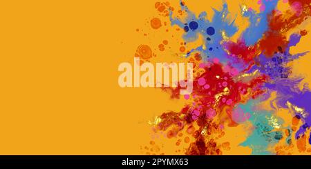 Abstrakte horizontale Acrylvorlage. Farbenfrohes Marmormuster im Feuerwerkstil auf gelbem Hintergrund. Fließende Kunst und Golddekoration Stockfoto