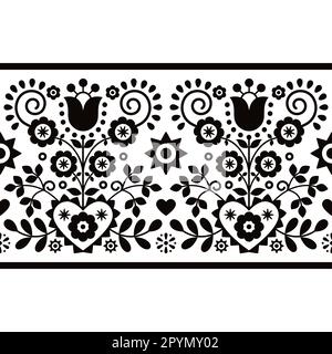 Polnische Volkskunstvektoren nahtlos langes vertikales Schwarz-Weiß-Muster mit roten Tulpen, anderen Blumen, Herzen und Blättern - Lachy Sadeckie Stock Vektor