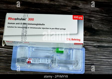 Kairo, Ägypten, Mai 2 2023: Humanes Anti-D (Rh)-Immunglobulin Rhophylac 300 μg Mikrogramm 1500 I.E. für intravenöse oder i.m. Stockfoto