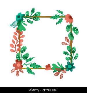 Blumenrahmen. Vektordarstellung mit wässrigen Blättern und Blumen. Gestaltung von Einladungs-, Hochzeits- oder Grußkarten. Minze, grüne Töne. Sommerrost Stock Vektor