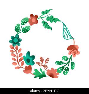 Blumenkranz. Vektordarstellung mit wässrigen Blättern und Blumen. Gestaltung von Einladungs-, Hochzeits- oder Grußkarten. Minze, grüne Töne. Sommer-rus Stock Vektor