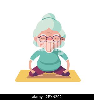 Abbildung einer Seniorin, die Yoga-Übungen macht. Gesunder Lebensstil. Süße Großmutter in Lotusposition. Sport zu Hause. Vektor auf Weiß Stock Vektor