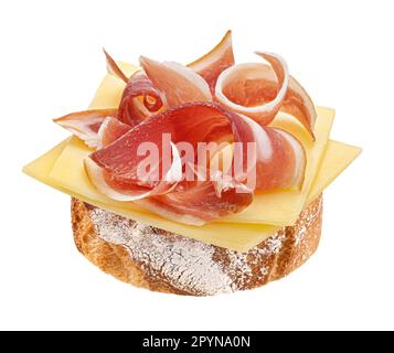 Geräucherter Speck auf Weißbrot, Sandwich mit Schweinebraten Stockfoto