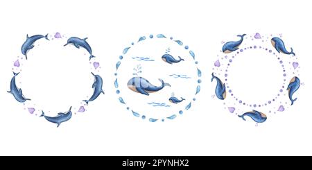 Satz von Aquarellrahmen im marinen Stil, isoliert auf weißem Hintergrund. Illustration mit Walen, Delfinen für Postkartendesign, verschiedene Vorlagen Stockfoto