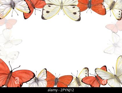 Horizontaler Rahmen mit isolierten Schmetterlingen auf weißem Hintergrund. Aquarelle Illustration für Postkartendesign, Einladungsvorlage, Valentinskarte Stockfoto