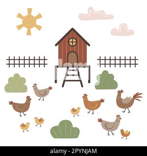 Set von Objekten und Vögeln. Geflügelhaltung mit Hühnern, Hähnen und Küken. Kritzelkunst. Einfaches isoliertes Vektor-Clipart. Hühnerstall, Zaun und Büsche Stock Vektor