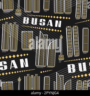 Vector Busan Nahtloses Muster, quadratischer, sich wiederholender Hintergrund mit Illustration der asiatischen stadtlandschaft busan auf dunklem Hintergrund für Geschenkpapier, Dekor Stock Vektor