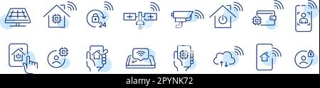Intelligente Technik für das Internet der Dinge für Ihr Zuhause. Datenspeicherung in der Cloud, Fernsteuerung. Pixelgenaue, bearbeitbare Liniensymbole Stock Vektor